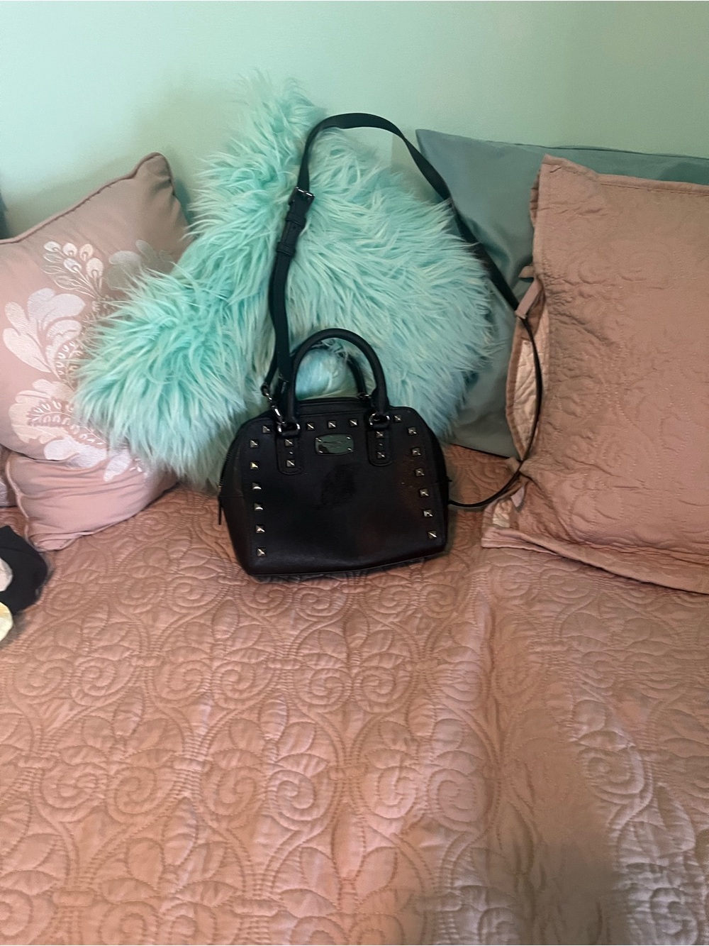 Black Studded Satchel Handbag with Adjustable Strap